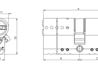 Technische Zeichnung vom RB-LOCKS Doppelzylinder SKG mit 3 Sternen, Front- und Seitenansicht