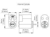 Technische Zeichnung vom RB-LOCKS Skandinavischer Ovalzylinder, Seiten- und Frontansicht, interne Version