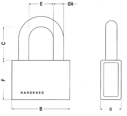 Technische Zeichnung vom RB-LOCKS Vorhangschlösser, Seiten- und Frontansicht